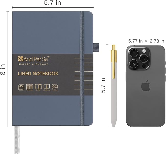 A5 Lined Leather Journal and Pen Set, Hardcover Notebook with Pen, 160 Pages 100gsm Thick Ruled Paper for for Women Men Work Business School or Home Writing, 5.7'' x 8'' (Dark Blue)