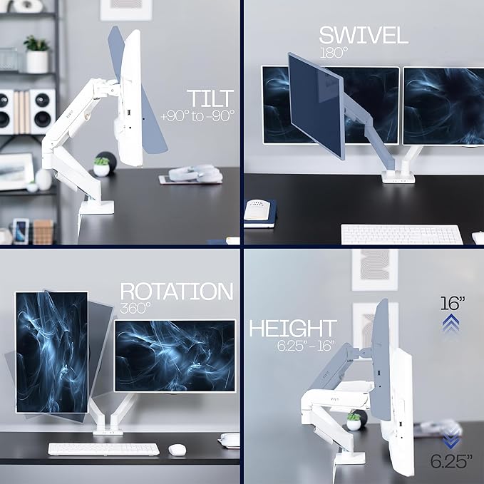VIVO Dual Monitor up to 32 inches and 19.8 lbs per Screen, Mechanical Arm Desk Mount, Articulating Counterbalance, VESA Stand, Classic, White STAND-V002OW