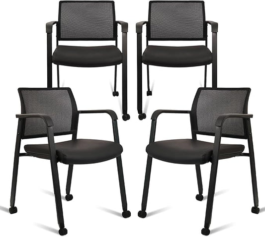 CLATINA Stacking Office Chair with Wheels, Mesh Back Waiting Room Guest Chairs with Arms Comfortable Leather Cushion Stackable Desk Chair for Conference Reception School Side Stationary, Black, 4PK