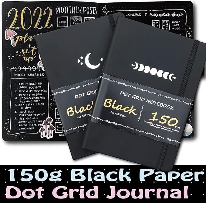 BUKE Dotted Journal - Dot Grid Notebook - 150gsm No Bleed Black Paper - 160 Black Pages - For Women and Men - A5 PU Leather Hardcover 5.75" x 8.5" and Gift Box (BKB-3)