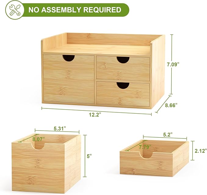 Desk Organizer With Drawers - Bamboo Wood Desktop Mail Organizer Storage Box for Office Home Bathroom Vanity Dresser Top, No Assembly Required (3 Drawer with Big Drawer)
