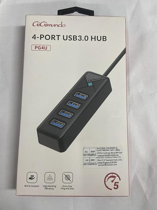 PG4U-U3 4-Port USB 3.0 Hub - 0.15M Cable, 5Gbps High-Speed Data Transfer, Multi USB Port Expander for Windows/Mac/Linux, USB Splitter for PC, Laptop, Mac/MacBook Air/Pro - Black