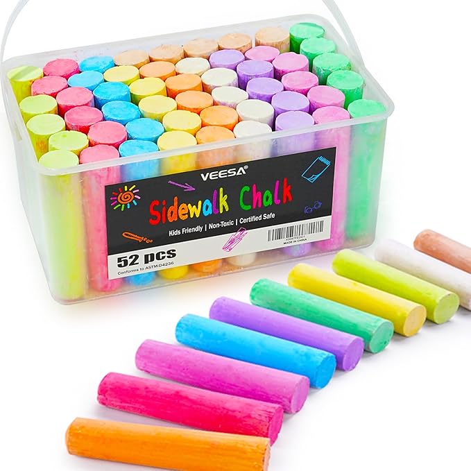 VEESA Sidewalk Chalk for Kids (52 PCS), Washable & Non-Toxic, 10 Colors Jumbo Chalk Bulk for Chalkboard, Blackboard, Driveway, Playgroud, Outdoor Actitvities