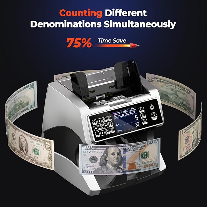 MUNBYN IMC01 Bank Grade Money Counter Machine Mixed Denomination, 2CIS/UV/IR/MG/MT Counterfeit Detection, Serial Number, MUL Currency Cash Counter, Printer Compatible Bill Value Counter (Silver)