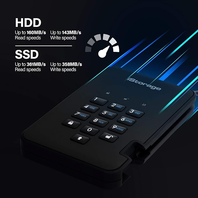iStorage diskAshur2 HDD 3TB Black - Secure portable hard drive - Password protected - Dust & water resistant - Hardware Encryption