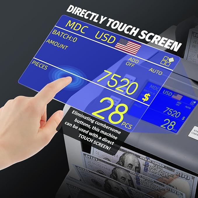 Money Counter Machine Mixed Denomination with Value Count, Touch Screen with 5 Currencies Suitable, MT/UV/MG/IR Counterfeit Bill Detection, 6 Modes Available Cash Counter with LCD Display