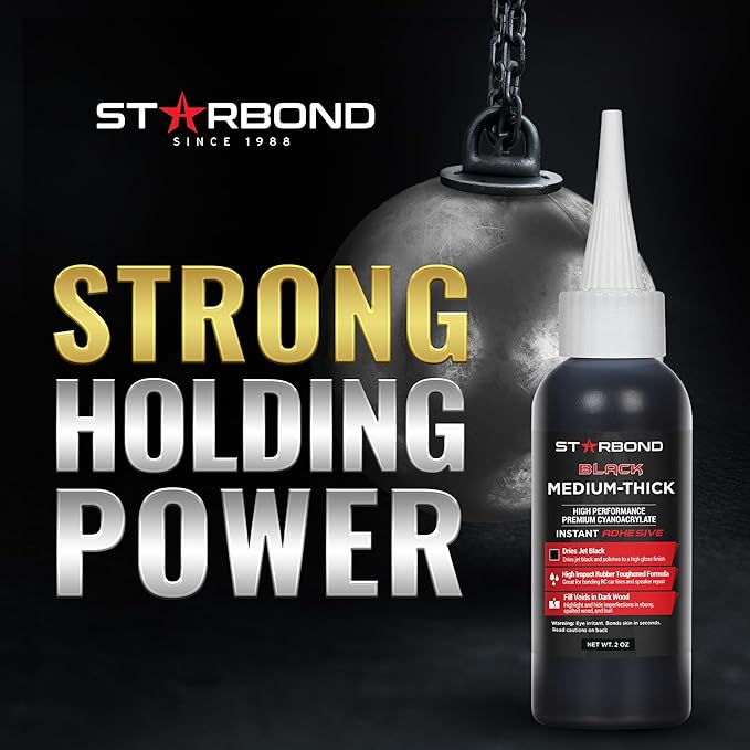 STARBOND Black Medium-Thick CA Glue, Premium Cyanoacrylate Super Glue, Knot Filler 500 CPS Viscosity, for Woodworking, Woodturning, Carpentry, Guitar, RC, Hobby, 2oz