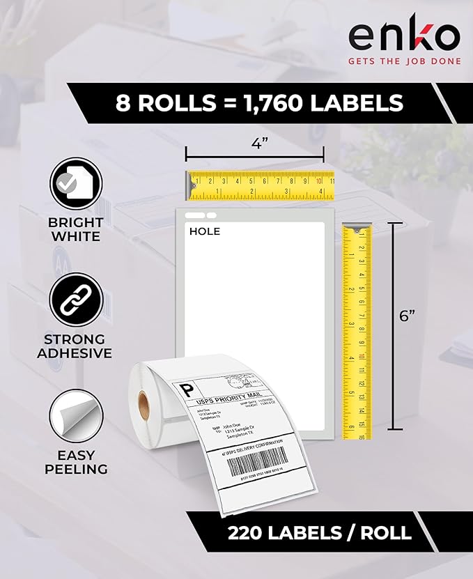enKo Compatible Zebra 4x6 Label/Dymo Labels 1744907 (4 x 6) for Dymo Labelwriter 4XL Shipping Zebra Direct Thermal Printer (8 Rolls, 1760 Labels)
