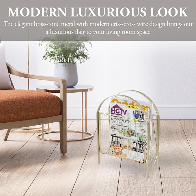 MyGift Mid-Century Design Magazine Rack, Matte Black Tone Metal Mesh Freestanding Magazine Organizer Holder Sling (Brass)