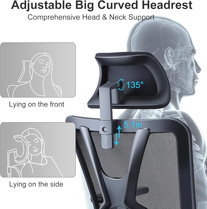 Ticova Ergonomic Office Chair - High Back Desk Chair with Adjustable Lumbar Support, Headrest & 3D Armrest - 130°Rocking Mesh Computer Chair