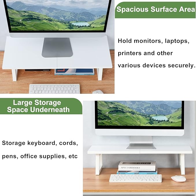 TEAMIX 24 inch Monitor Stand Riser, White Wood & Steel Computer Monitor Stand with Storage, Laptop, PC, Printer Stand Riser for Desktop Office Desk Organizers