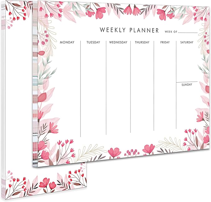 Weekly Planner Notepad Tear Off Set of 2 Weekly Calendar Pad 52 Undated To Do List Notepad Desk Planning Pads Productivity Tracker for Work School Home Goals Notes Schedule Ideas, Floral Pink