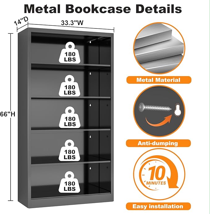 5 Tier Metal Bookshelf, 66" Tall Bookcase, Adjustable Book Shelves, Modern Black Book Shelf Storage Shelves for Bedroom, Living Room, Office, Library, Classroom, School