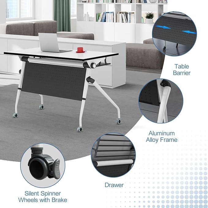 Conference Table, Folding Conference Room Tables, Mobile Training Tables with Silent Wheels, Large Rectangular Modular Seminar Table Office Computer Desks for Classroom White (2Pack L70.9in)