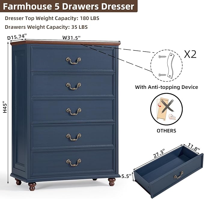 Farmhouse 5 Drawer Dresser for Bedroom, 45" Tall Rustic Chests of Drawers w/ 4 Solid Wood Feet, Mid Century Modern Wooden Closet Storage Dressers Organizer for Living Room, Hallway, Navy Blue