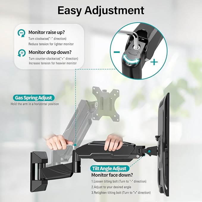 MOUNT PRO Dual Monitor Wall Mount for 2 Computer Screen up to 32 Inch, Gas Spring Double Monitor Arm Holds Up to 17.6lbs Each, Full Motion Adjustable Wall Monitor Mount, VESA Mount 75x75/100x100