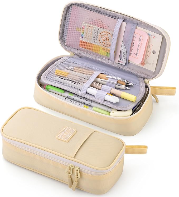 CICIMELON Durable Pen Pencil Case Big Storage Pen Pouch Bag for School Supplies College Teen Girls Adults, Beige