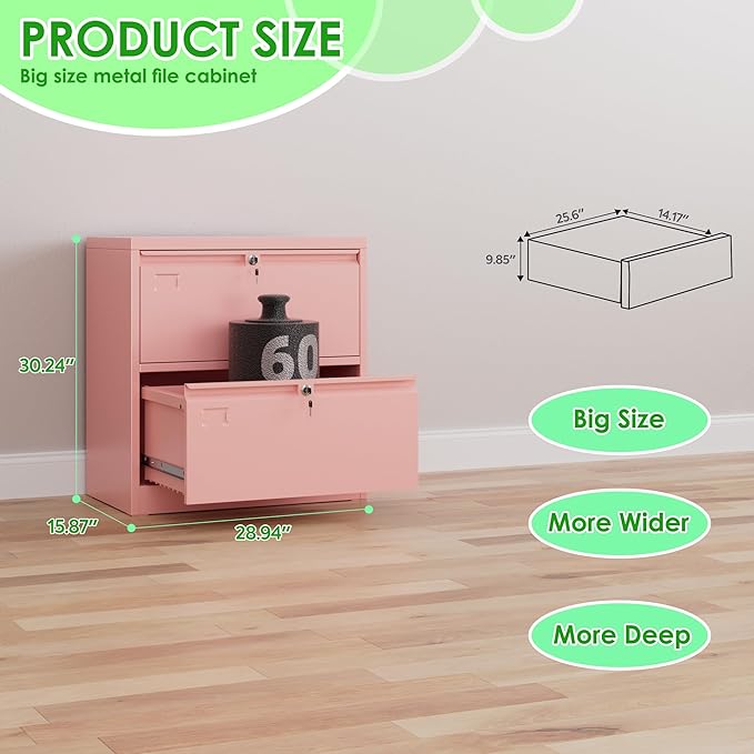 Aobabo 2 Drawer Wide Lateral File Cabinet, Metal Filing Cabinet with Lock, Suitable for Home Office School Hanging Files Letter/Legal/F4/A4 Size,Pink,Required-Assembly,15.87" D x 28.94" W x 30.24" H