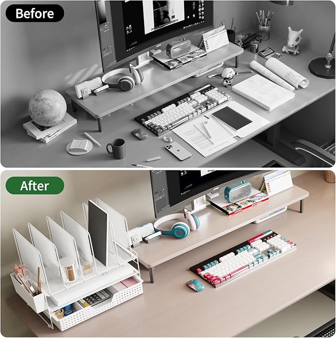 Desk Organizer, Office Organization with Vertical File Holder, File Organizer with Drawer and Pen Holder, Desk Accessories and Workspace Organizers for Home Office (White)