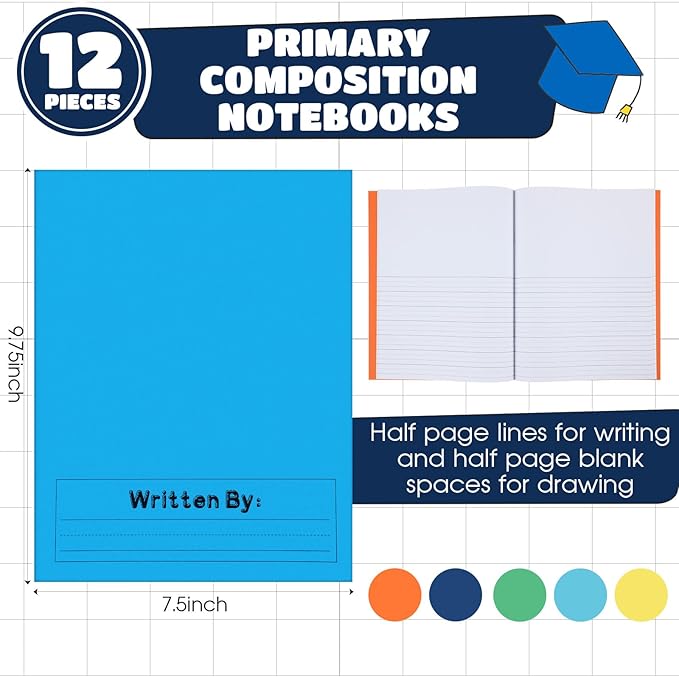 Henoyso 12 Pcs Primary Composition Notebook K-2 9 3/4 x 7 1/2 Inch Primary Journal, Back to School Supplies, Bulk Blank Writing Book for Kid to Write Draw Journal 60 Page Notebooks (Fresh Color)
