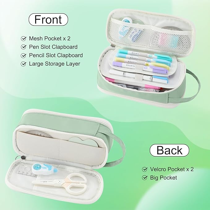 Pencil Case Large Zipper Pencil Pouch for Girls Kids Teens Adults Aesthetic Pencil Bag Stationery Organizer Pencil Case with Handle for School Green