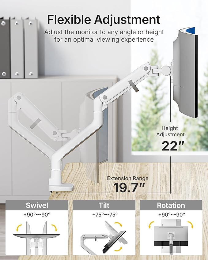 monTEK Heavy-Duty Monitor Arm for 17-57" Ultrawide Curved Screen, Supports up to 59.4 lbs, Adjustable Gas Spring Arm, 75/100 VESA Mount, Clamp & Grommet Desk Monitor Mount Single, White