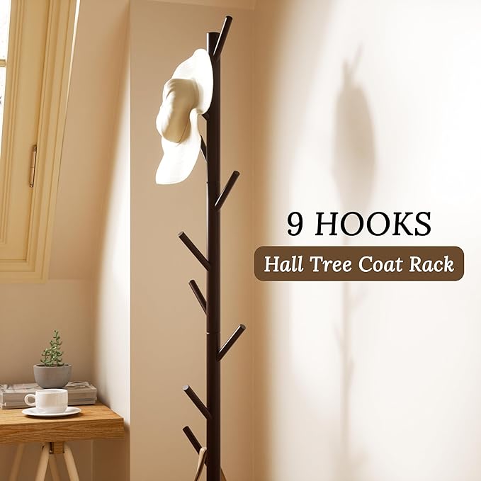 Wooden Freestanding Coat Tree with 4 Height Options and 9 Hooks, Sturdy Coat Rack Stand for Clothes/Bags/Hats, Save Space Coat Rack for Entryway, Bedroom, Office, Narrow Place (Coffee)