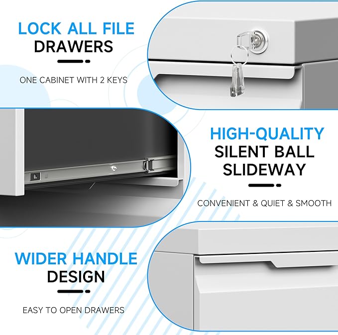 Bestoo 3 Drawer Mobile File Cabinet, Metal Filing Cabinets with Lock Wheels Under Desk, Lockable Rolling File Cabinet for Home Office, Fit Letter/Legal/A4 Size (White)
