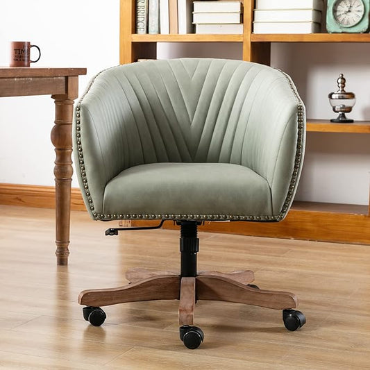 Green Faux Leather Home Office Desk Chair, Upholstered Barrel Swivel Adjustable Arm Desk Chair with Nailheads, Comfy Mid-Back Study Chair with Silent Wheel for Study Office Computer