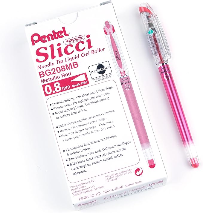 Pentel Arts Slicci Metallic 0.8 mm Needle Tip Gel Pen, Metallic Red Ink, Box of 12 (BG208-MB)