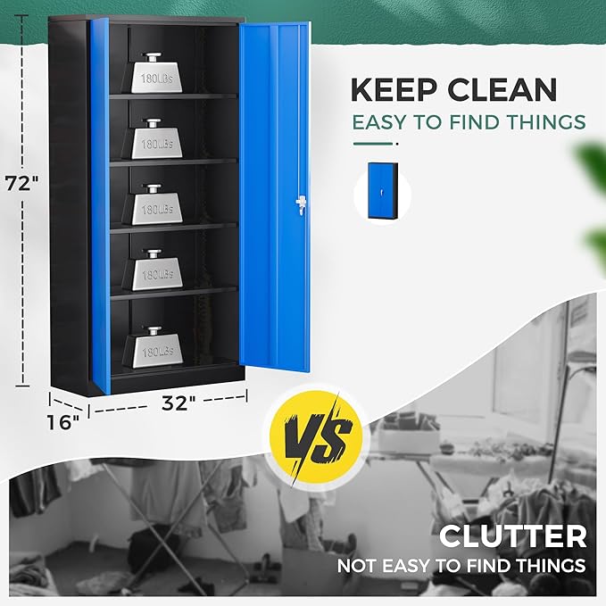 Greenvelly Metal Garage Storage Cabinet, 72" Tall Steel Storage Cabinets with 2 Doors and 4 Adjustable Shelves, Metal Tool Cabinets, Locking File Cabinet for Home Office, Garage, School (Black Blue)