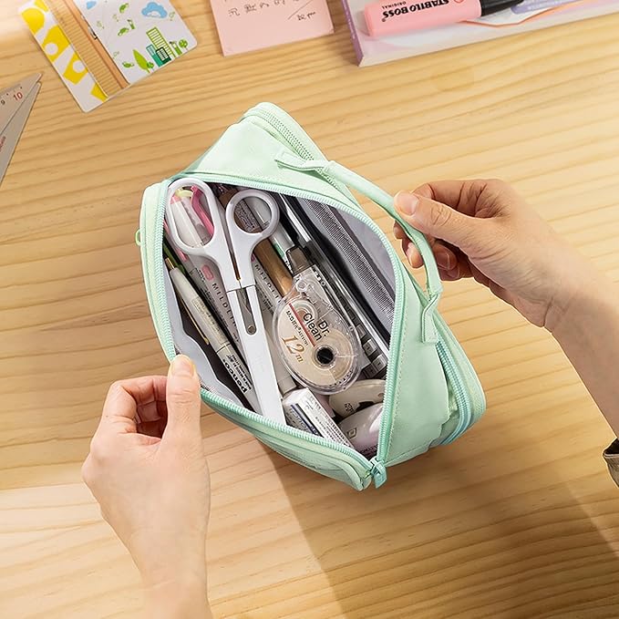 MAMUNU Pencil Case Large Capacity with 3 Compartments, Pencil Case Pouch Bag with Zipper Handle Portable Pen Stationery Organizer for Teen Girls Boys Adults College School Office Travel, Green