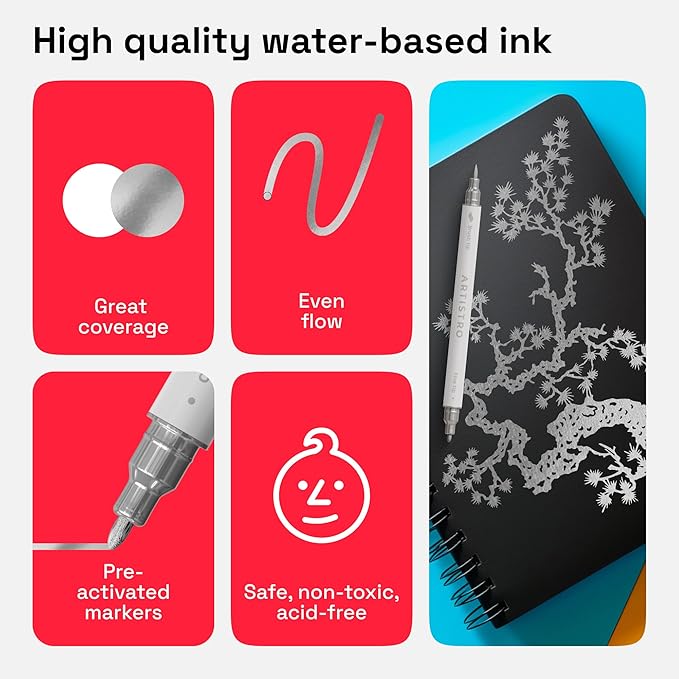 ARTISTRO 2 Silver Dual-Tip Acrylic Paint Pens - Multisurface Markers for Fabric, Plastic, & More, 1 mm Fine & Brush Tips