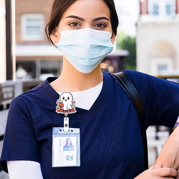 Ghost Badge Reel Retractable Ghost Carrying Basket Badge Clip with Maple Leaves Designs Acrylic Halloween ID Name Holder Clip for Nurse, Teacher, Student, Hospital, Office Worker Name Tag