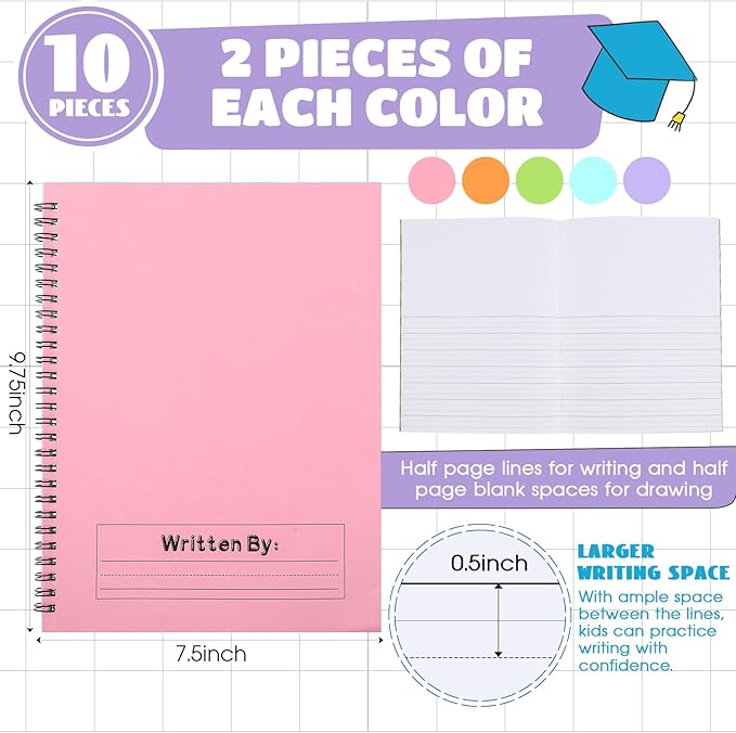 Henoyso 10 Pcs 100/50 Sheets Primary Composition Notebook K-2 Bulk Spiral Primary Journal Drawing Handwriting Practice for Kids Kindergarten 1st 2nd Back to School Supplies (Pastel Color,50 Sheets)
