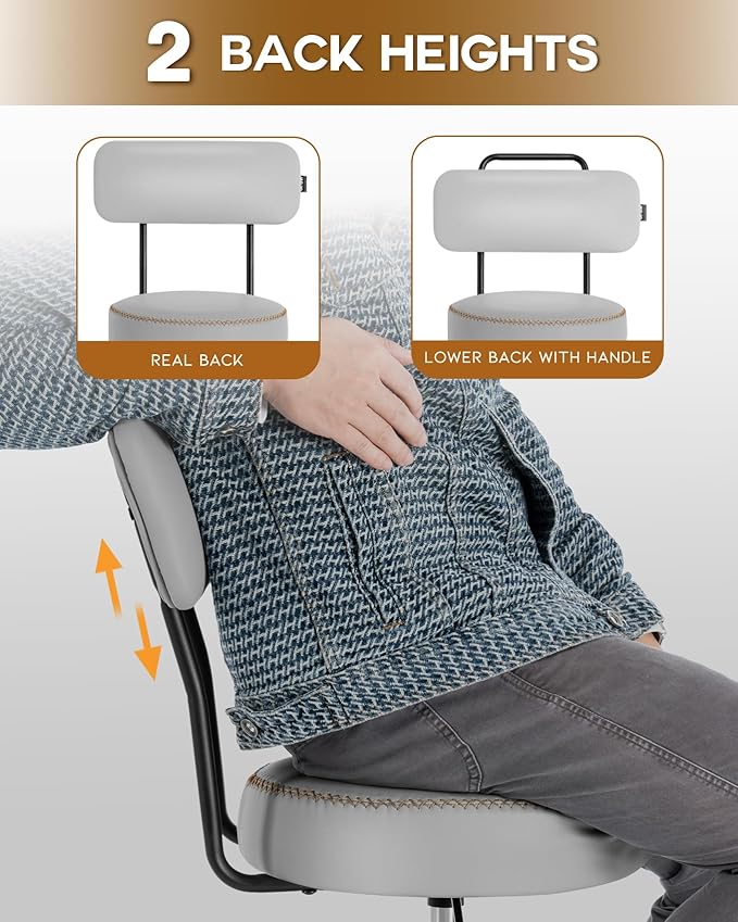 Shop Stool with Lockable Rubber Wheels Adjustable Backrest Tool Tray Storage 400 lb Capacity Rolling Garage Stool (Grey)