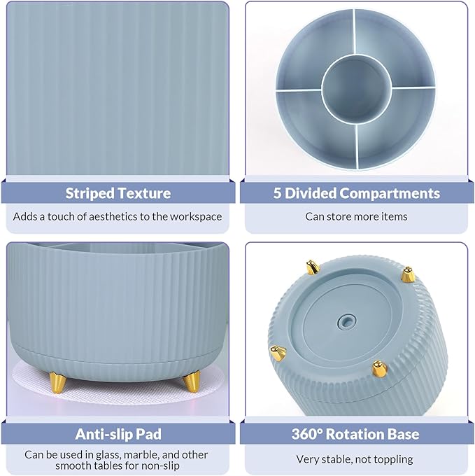 SKYDUE 360 Degree Rotating Desk Organizer, Dual-Purpose Pencil Pen Holder, Rotating Desk Pen Organizer with 5 Slots, Pencil Cup for Office, School, Home (Airy Blue)