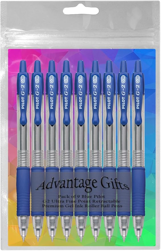 G2 Retractable Premium Gel Ink Roller Ball Pens Ultra Fine Point (.38mm) Blue Ink 9 pack; Refillable & Premium Comfort Grip Bundle with Plastic Reusable Pouch