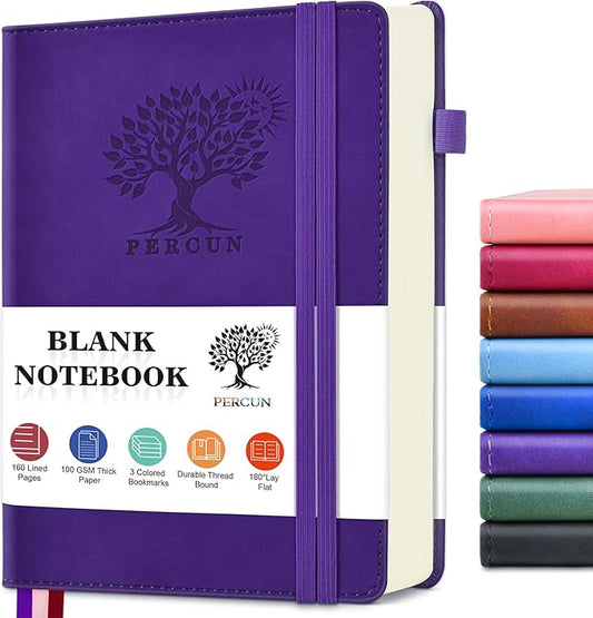PERCUN Blank Journal Ntebook for Men & Women, 160 Pages Blank Journals for Writing, Drawing,Sketch Book,5.9" x 8.5" Leather Sketchbook, Unlined Notebook for Work, School, Art - Purple