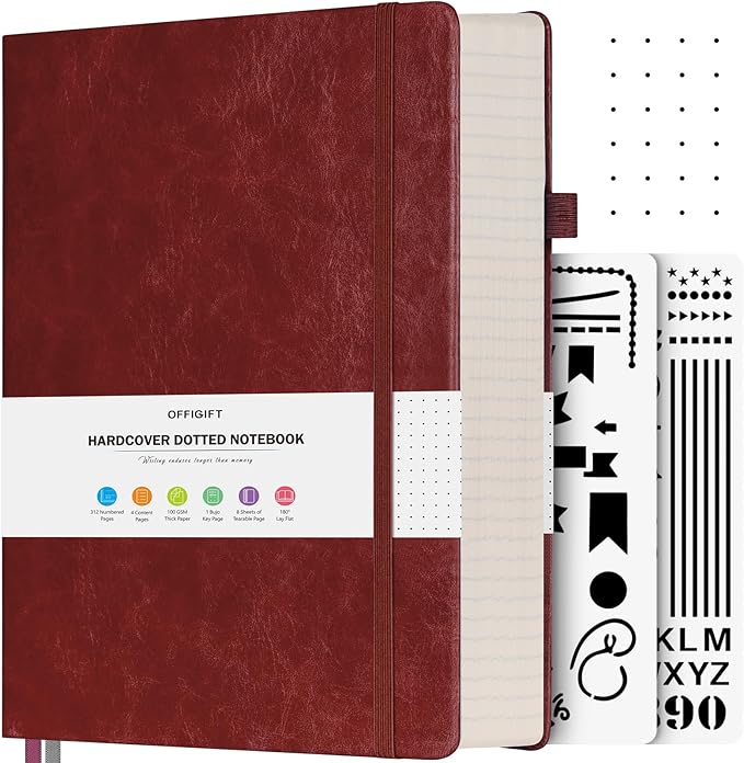 Dotted Journal Notebook, 312 Numbered Pages Large B5 Hardcover Leather Notebook, 100gsm No Bleed Paper Dot Grid Notebook with Index Pages, Dot Journal for Women Men, 7.6'' X 10'', Burgundy