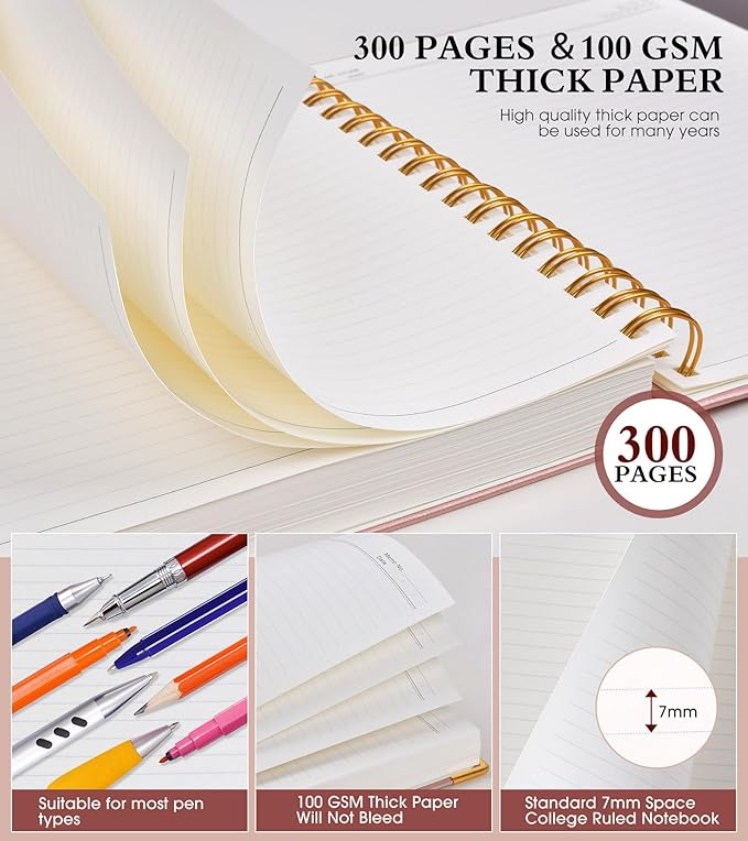 Spiral Notebook Journal 7.6” x 10”, 300 Pages Hardcover Leather Lined Journals for Women Men, B5 Large College Ruled Notebooks with 100 GSM Thick Paper, Spiral Journal for Writing Work School, Pink
