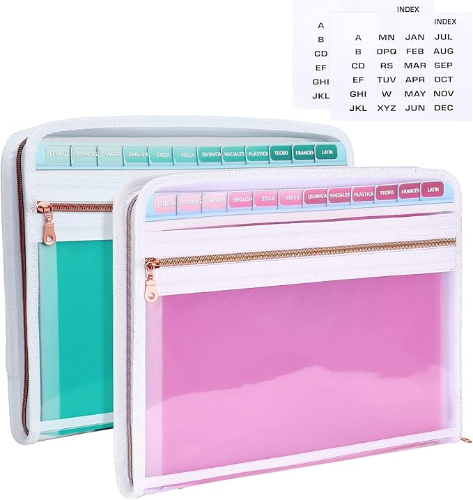 MEGREZ Expanding File Folder with 13 Pockets, 2 Pack A4 Paper File Folder with Zipper Color Labels, Waterproof Accordion File Folder Organizer for Home Office, Green & Pink