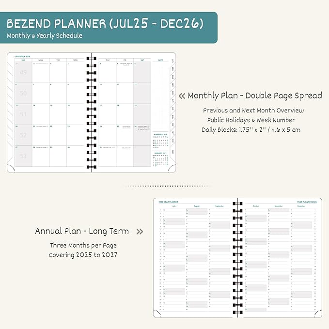 BEZEND Planner 2025-2026 Weekly and Monthly, 8.5" x 11" Academic Calendar (Jul 25-Dec 26) Vertical Daily Appointment with Hourly Timeslot & Monthly Tab, Spiral, PU Leather Softcover - Sky Blue