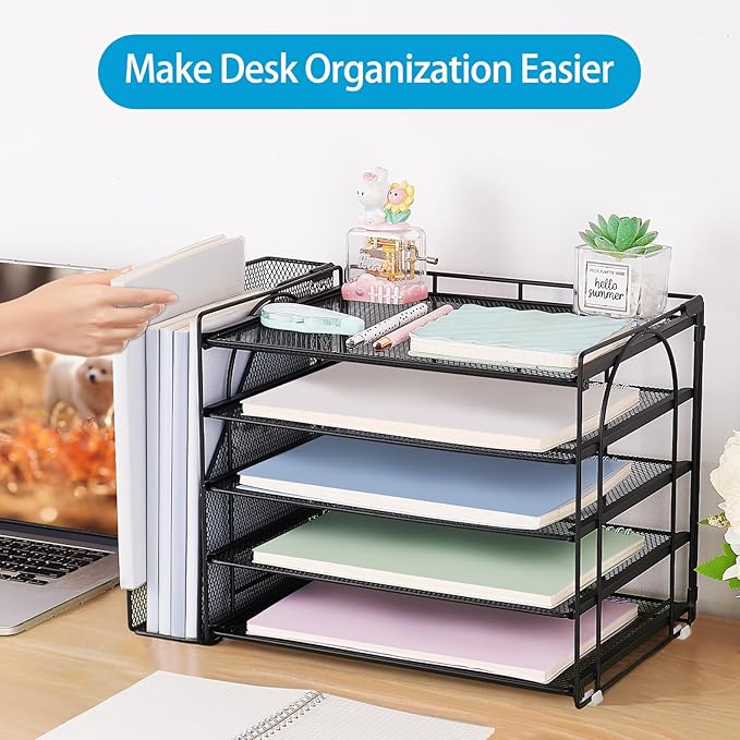 AUPSEN Desk Organizers and Accessories, 5-Tier Desktop Paper File Organizer with Removable File Holder, Desk Accessories & Workspace Organization for Home Office Supplies (Black)