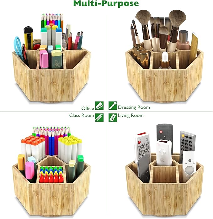 Bamboo Art Supply Organizer, Back to School Supplies, Hold 350+ Pencils, Rotating School Supplies Holder for Pen, Colored Pencil, Art Brushes, Desktop Storage Caddy for Classroom & Art Studio