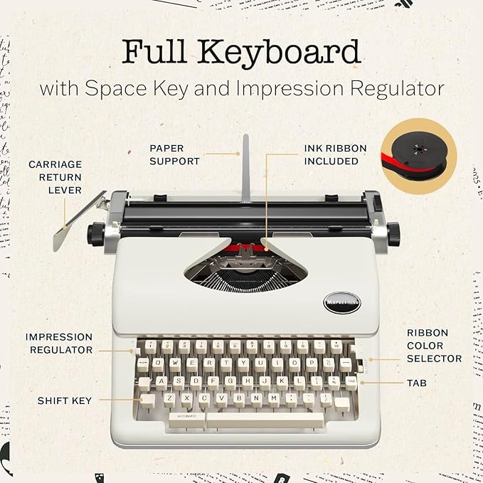 Maplefield Classic Portable Manual Typewriter - Cream, 8 x 11 in Paper - Word Processor Function & Typewriter Ribbon Included - Home Office & Office Decor