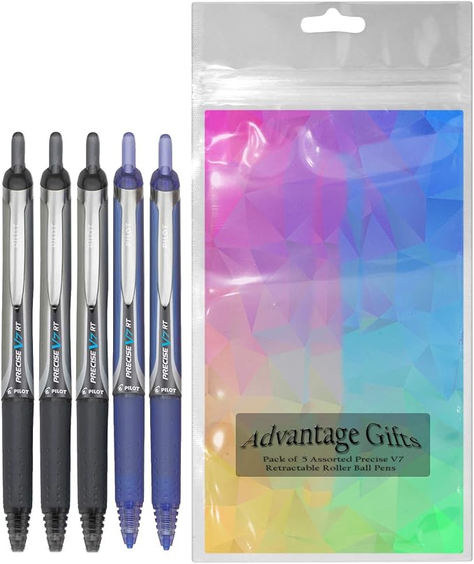 Precise V7 RT Retractable Rolling Ball Pens, Fine Point (.7mm), Assorted Colors Black/Blue Ink, 5-pk; Premium Comfort Grip, Bundle with Plastic Reusable Pouch