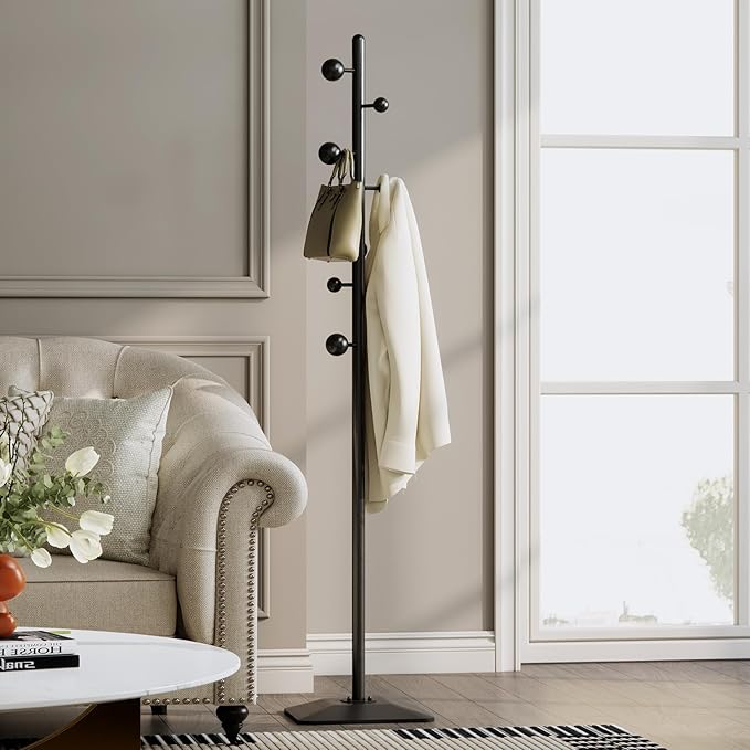 Metal coat rack stand with geometric shape metal base,Heavy duty coat rack freestanding with 7 ball hooks,Coat racks tree hats hanger holder stand for entryway, hallway, bedroom