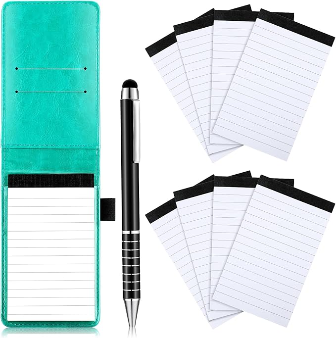 Outus 10 Pcs Pocket Notebook with Pen Set Included Mini Pocket Notepad Holder with 50 Lined Sheets, Metal Pen, 8 Pcs 3 x 5 Inch Memo Book Refills, 30 Lined Paper Per Note Pad (Bright Blue)