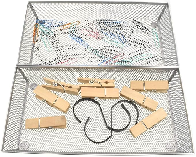 HAHIYO Stackable Mesh Tray Cup 12 x 6 x 2 inches Sturdy Container for Desk Drawer Organizer Collection for Home Office School kitchen Soft Foam Feet No Sharp Edges 1 Pack Silver